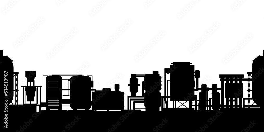 Production plant. Tanks motors and pipelines. Isolated on white background. Silhouette objects. Technical equipment. Factory chemical. Seamless horizontal composition. Technology enterprise. Vector