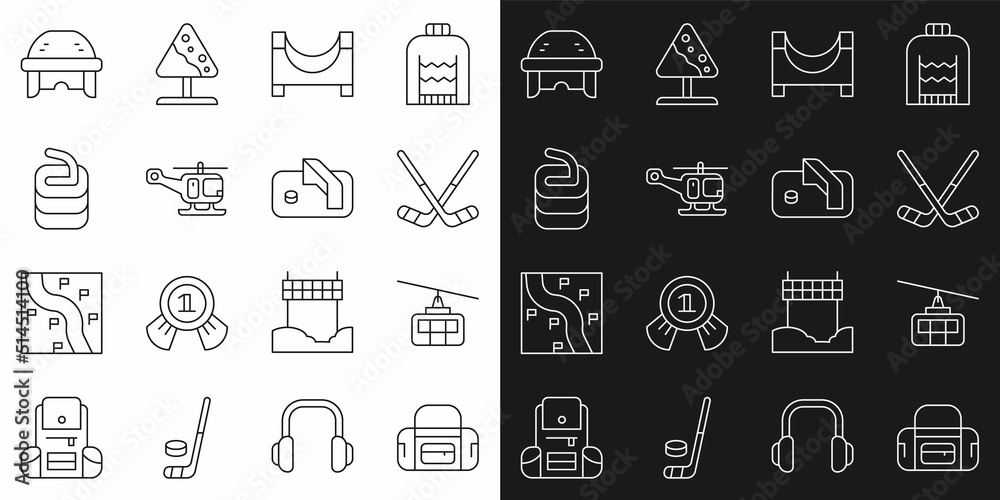Set line Sport bag, Cable car, Ice hockey sticks, Skate park, Rescue helicopter, Stone for curling, Hockey helmet and goal icon. Vector Set line Sport bag, Cable car, Ice hockey sticks, Skate park, Rescue helicopter, Stone for curling, Hockey helmet and goal icon. Vector