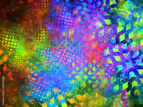 Composición de arte fantástico digital consistente en líneas onduladas entrelazadas oscuras con relleno de colores fosforescentes formando una especie de laberinto imposible de vegetación imaginaria.
