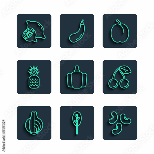 Set line Onion, Spinach, Beans, Plum fruit, Bell pepper, Pineapple, Lemon and Cherry icon. Vector