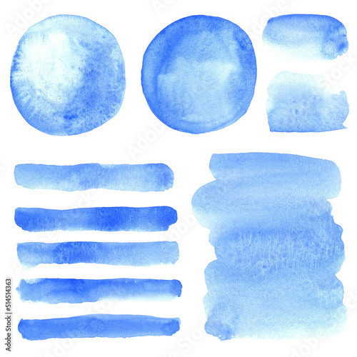 Set of blue watercolor hand painted isolated on white. Perfect for card, banner, template, decoration, print, cover, web, element design.