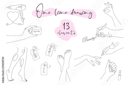 Set of female legs, hands, cosmetics, manicure, line art style. Vector illustration.