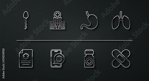 Set line Sperm, Clinical record, Lungs, Medicine bottle and pills, Emergency phone call, Medical hospital building, Crossed bandage plaster and Human stomach icon. Vector