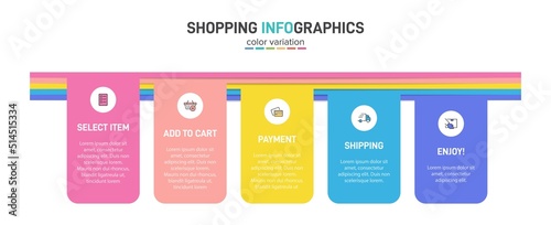 Concept of shopping process with 5 successive steps. Five colorful graphic elements. Timeline design for brochure, presentation, web site. Infographic design layout.