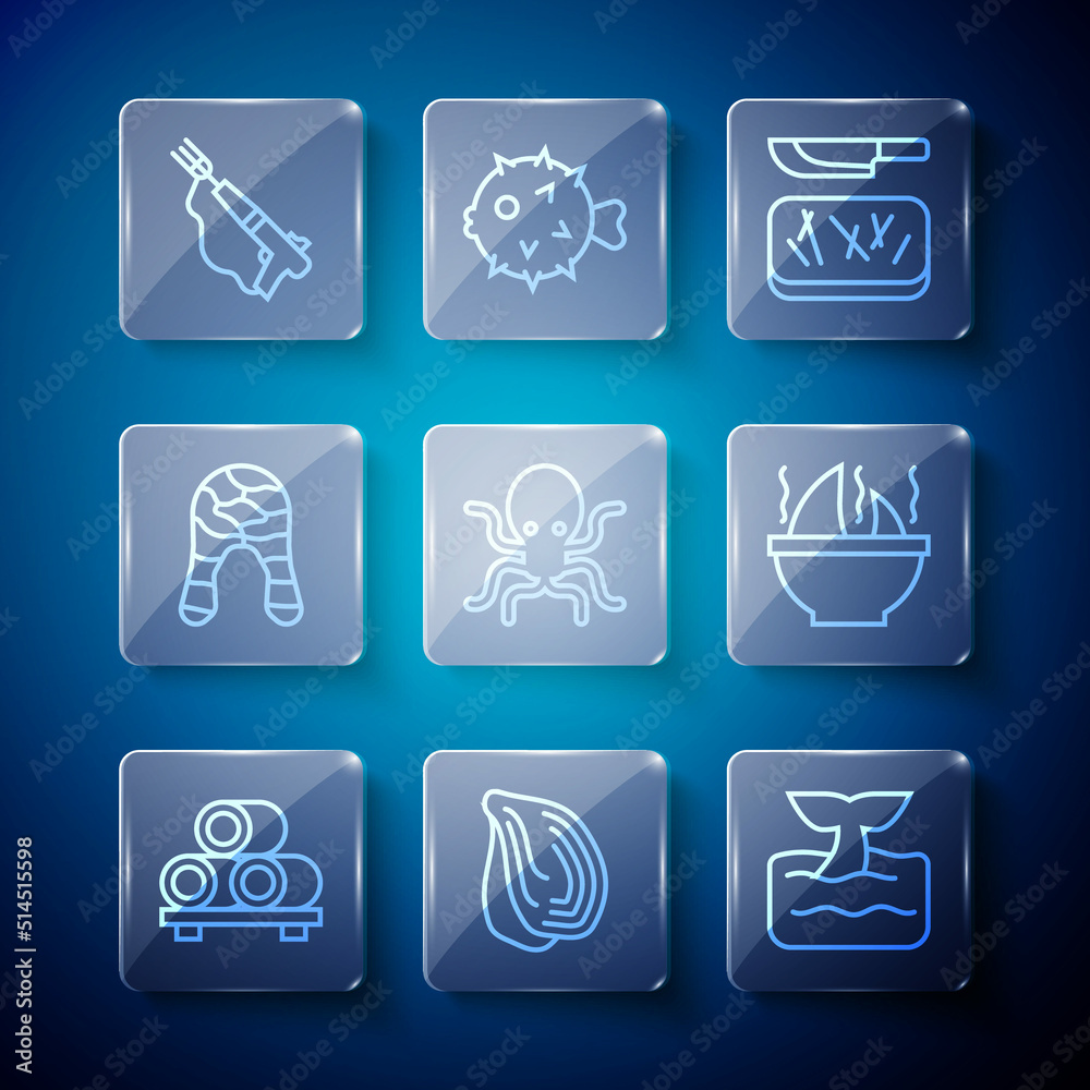 Set line Sushi on cutting board, Mussel, Whale tail ocean wave, Cutting and knife, Octopus, Fish steak, Fishing harpoon and Shark fin soup icon. Vector Set line Sushi on cutting board, Mussel, Whale tail ocean wave, Cutting and knife, Octopus, Fish steak, Fishing harpoon and Shark fin soup icon. Vector