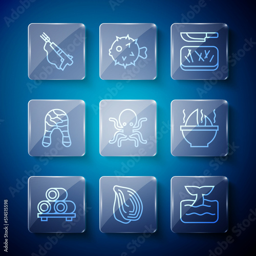 Set line Sushi on cutting board, Mussel, Whale tail ocean wave, Cutting and knife, Octopus, Fish steak, Fishing harpoon and Shark fin soup icon. Vector