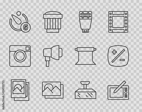 Wallpaper Mural Set line Photo frame, Graphic tablet, camera flash, Camera timer, Softbox light, and Exposure compensation icon. Vector Torontodigital.ca