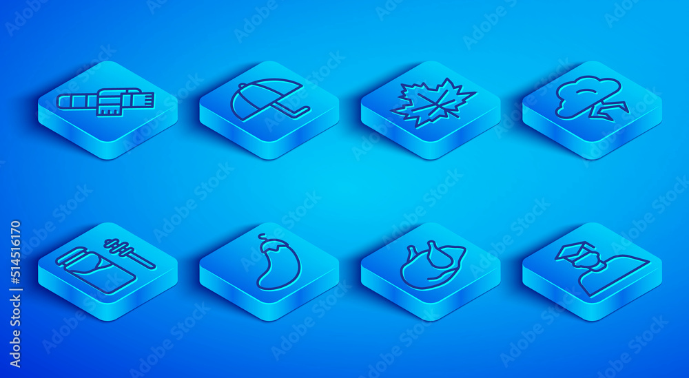 Set line Winter scarf, Umbrella, Leaf or leaves, Eggplant, Roasted turkey chicken, Storm, Jar of honey and dipper stick and Graduate graduation cap icon. Vector Set line Winter scarf, Umbrella, Leaf or leaves, Eggplant, Roasted turkey chicken, Storm, Jar of honey and dipper stick and Graduate graduation cap icon. Vector
