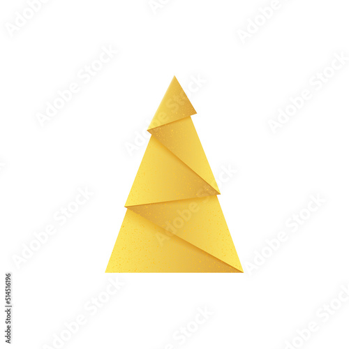 Textured golden Christmas tree. Origami fir made of gold foil