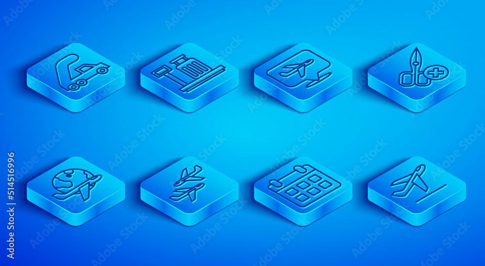 Set line Passenger ladder for plane boarding, Scale with suitcase, Plane, Calendar and airplane, No scissors, Globe flying and takeoff icon. Vector Set line Passenger ladder for plane boarding, Scale with suitcase, Plane, Calendar and airplane, No scissors, Globe flying and takeoff icon. Vector