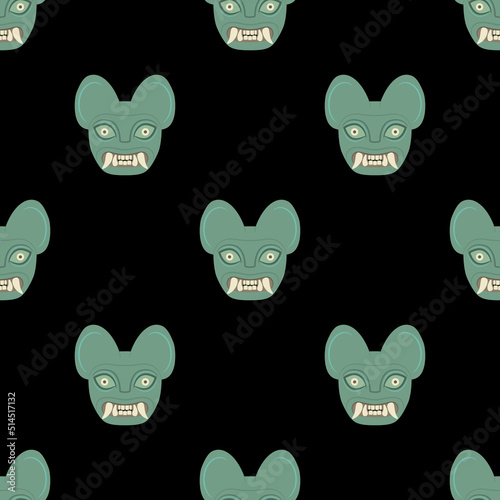 Seamless animal pattern with heads of jaguar demon. Moche art from ancient Peru. Native American art of Peruvian Indians. Green faces of cat with fangs on black background.