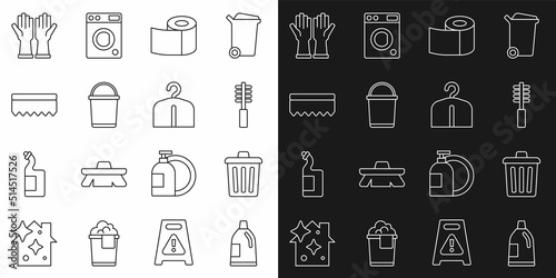Set line Bottle for cleaning agent, Trash can, Toilet brush, paper roll, Bucket, Sponge, Rubber gloves and Hanger wardrobe icon. Vector