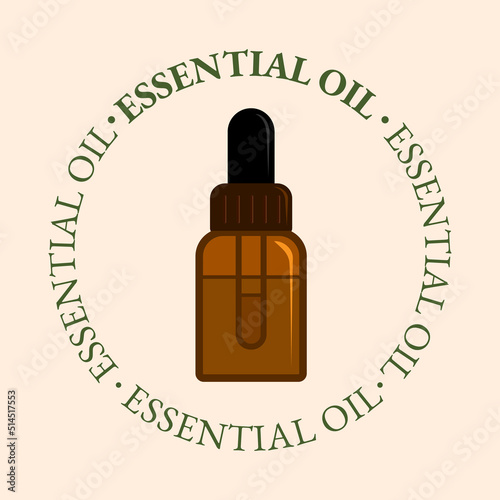 Essential oil bottle symbol with text. Aromatherapy and cosmetic oil icon. Flat vector illustration