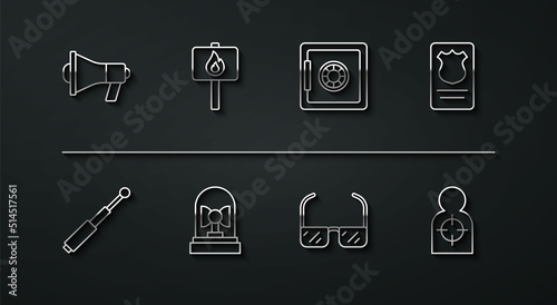 Set line Megaphone, Telescopic baton, Police badge with id case, Safety goggle glasses, Flasher siren, Protest, Human target sport for shooting and icon. Vector