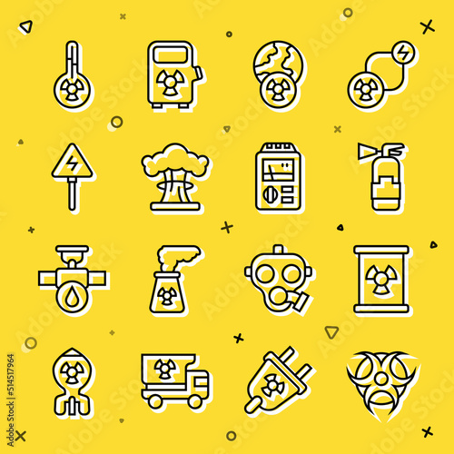 Set line Biohazard symbol, Radioactive waste in barrel, Fire extinguisher, Planet earth and radiation, Nuclear explosion, High voltage sign, Meteorology thermometer and Dosimeter icon. Vector