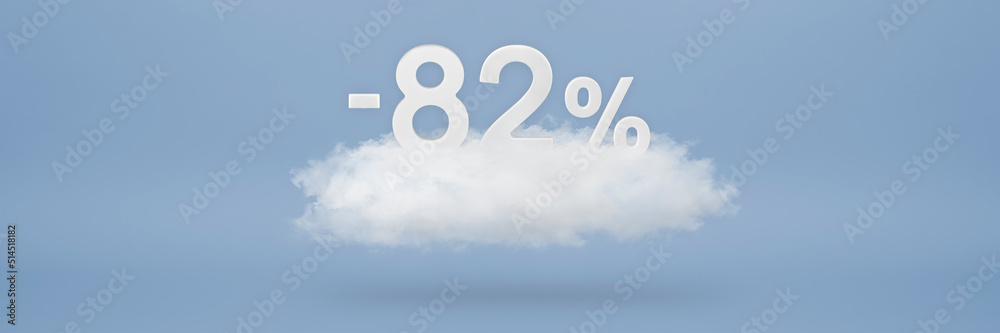 Obraz Discount 82 percent. Big discounts, sale up to eighty two percent. 3D numbers float on a cloud on a blue background. Copy space. Advertising banner and poster to be inserted into the project fototapeta, plakat