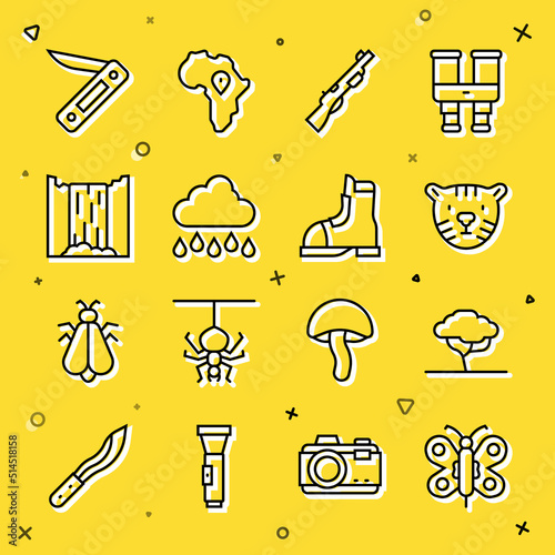 Set line Butterfly, African tree, Tiger head, Hunting gun, Cloud with rain, Waterfall, Swiss army knife and Hunter boots icon. Vector
