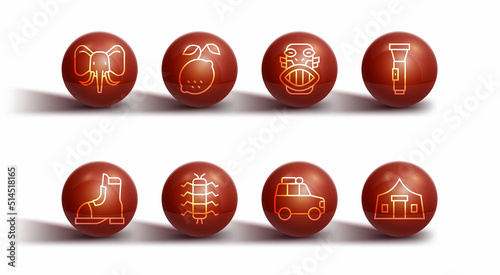 Set line Elephant, Hunter boots, Flashlight, Car, Centipede insect, Lemon, Tourist tent and Mexican mayan or aztec mask icon. Vector