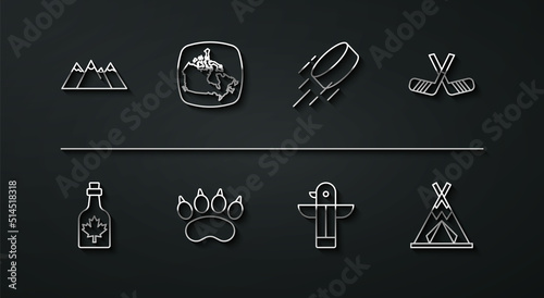 Set line Mountains, Bottle of maple syrup, Ice hockey sticks, Canadian totem pole, Bear paw footprint, Canada, Indian teepee or wigwam and Hockey puck icon. Vector