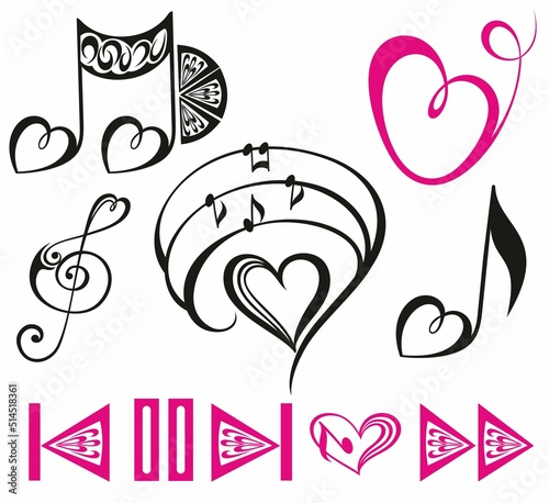 Key notes and notes with floral elementes and hearts elementes, collection of music elements. Vector illustration