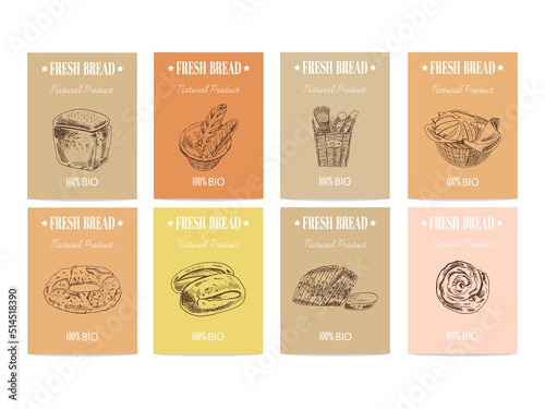 Vector hand drawn sketch breakfast banners set. Eco foods. Vector illustration. Cornflakes, waffles, cafe, croissant, bread.