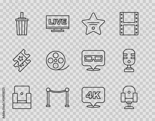 Set line Cinema chair, Director movie, Walk of fame star, Rope barrier, Paper glass with water, Film reel, 4k Ultra HD and Microphone icon. Vector