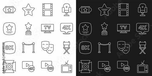 Set line Retro tv, Director movie chair, 4k Ultra HD, Play video, Movie trophy, Walk of fame star, Cinema ticket and Smart Tv icon. Vector