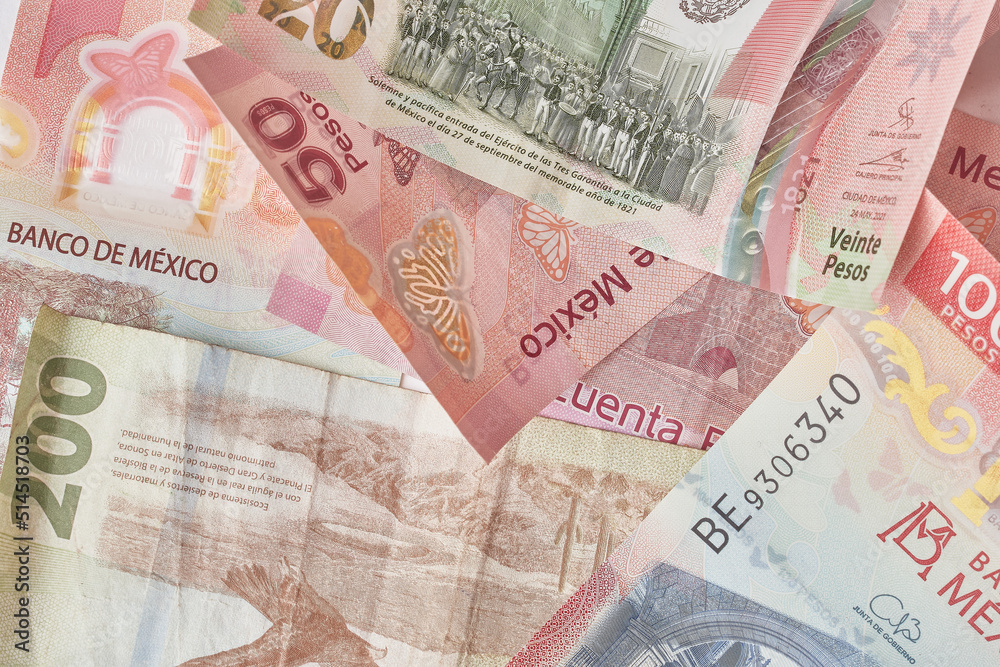 Mexican coins and banknotes. Mexican peso, Latin American currency. money, saved, finances,	