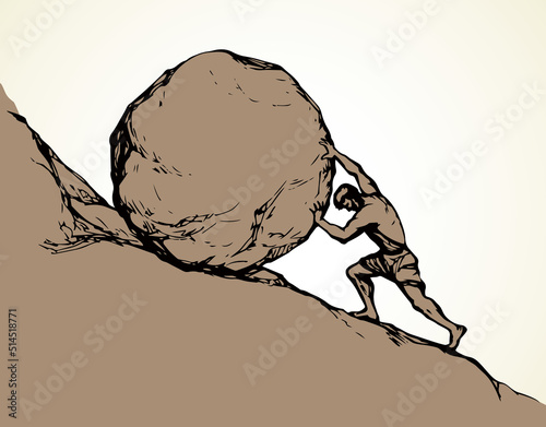 Foto A man rolls a stone up the hill. Vector drawing