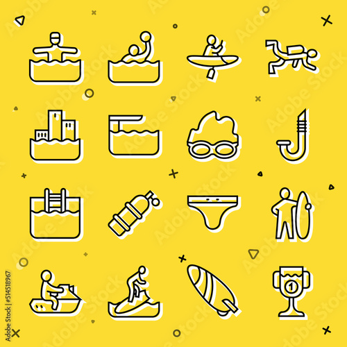 Set line Award cup, Surfboard, Snorkel, Kayak and paddle, Diving springboard, Winner podium, Water gymnastics and Glasses for swimming icon. Vector