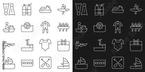 Set line Windsurfing, Swimming pool with ladder, Canoe rowing team sports, Jet ski, Water polo, Flippers for swimming and Wetsuit scuba diving icon. Vector