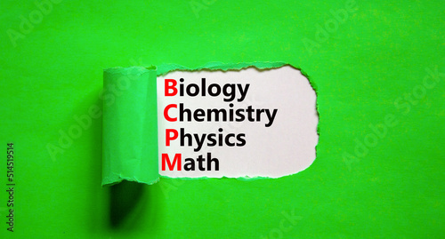 BCPM biology chemistry physics math symbol. Concept words BCPM biology chemistry physics math on white paper on beautiful white background. Business BCPM biology chemistry physics math concept.