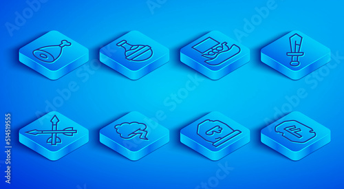 Set line Chicken leg, Bottle with potion, Viking ship Drakkar, Cloud and lightning, Magic rune, Medieval sword, arrows and icon. Vector