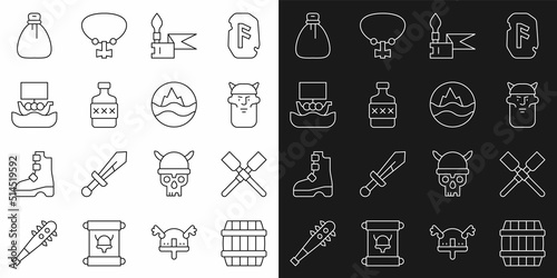Set line Wooden barrel, Oars or paddles boat, Viking head, Medieval spear, Whiskey bottle, ship Drakkar, Old money bag and Sea and waves icon. Vector