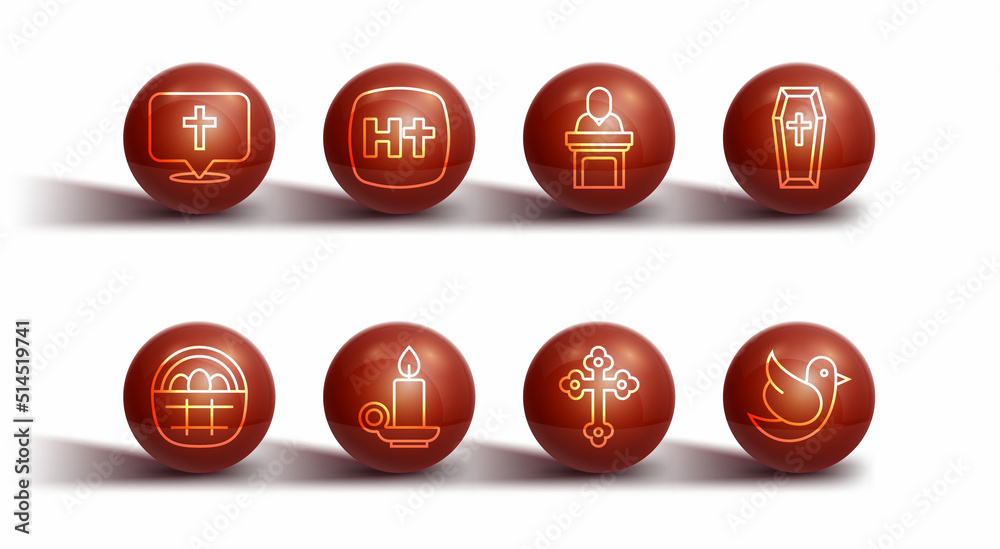 Set line Location church building, Basket with easter eggs, Coffin, Christian cross, Burning candle candlestick, Dove and Church pastor preaching icon. Vector Set line Location church building, Basket with easter eggs, Coffin, Christian cross, Burning candle candlestick, Dove and Church pastor preaching icon. Vector