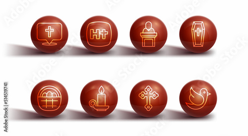 Set line Location church building, Basket with easter eggs, Coffin, Christian cross, Burning candle candlestick, Dove and Church pastor preaching icon. Vector