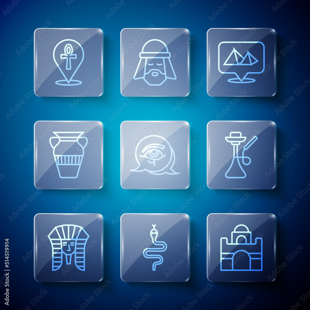 Set line Egyptian pharaoh, Snake, house, pyramids, Eye of Horus, vase, Cross ankh and Hookah icon. Vector Set line Egyptian pharaoh, Snake, house, pyramids, Eye of Horus, vase, Cross ankh and Hookah icon. Vector