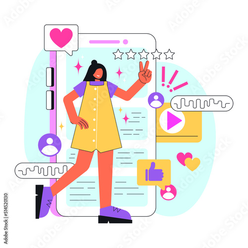 Vector abstract flat illustration. Girl blogger in social networks. Likes, comments, promotion.
