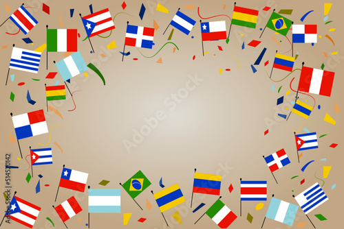 lettering National Hispanic Heritage Month with different Flags of America and falling confetti. Copy space. photo