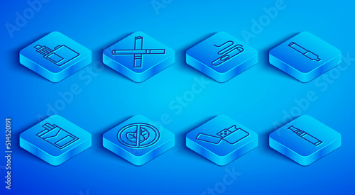 Set line Vape mod device, Cigarette, No tobacco leaf, Lighter, Cigarettes pack box and Electronic cigarette icon. Vector