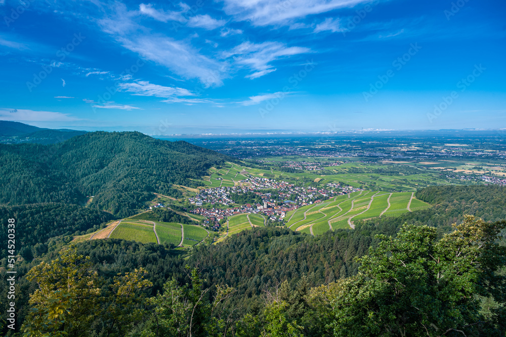 View over the Black Forest to the vineyards of the village Neuweier near Baden Baden, Germany