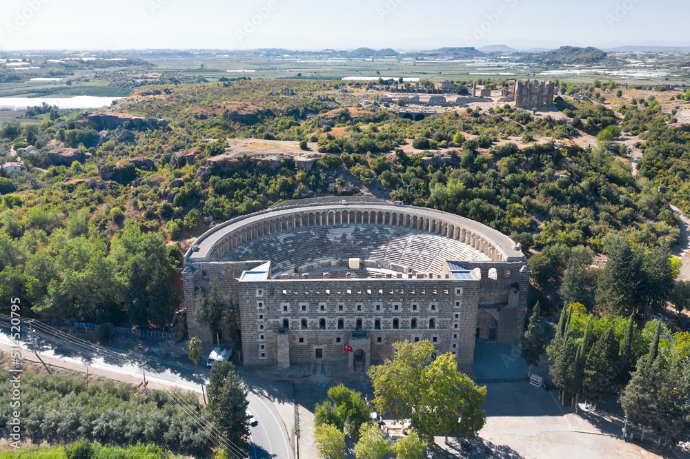 Naklejka premium Amphitheater of Aspendos. Turkey. Ruins of an ancient city with an amphitheater. Shooting from a drone