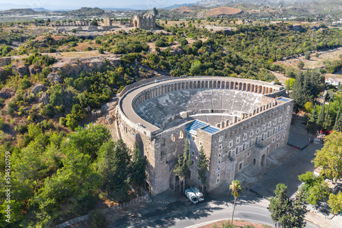 Amphitheater of Aspendos. Turkey. Ruins of an ancient city with an amphitheater. Shooting from a drone photo