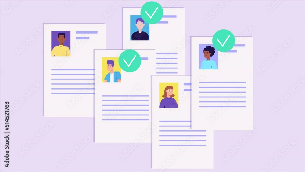 Animation of curriculum vitae papers with photo. Hiring concept, new employees, recruitment. Choose best job candidates, resume. Human resource management, Job interview. Cartoon style animated video