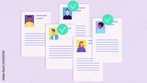 Animation of curriculum vitae papers with photo. Hiring concept, new employees, recruitment. Choose best job candidates, resume. Human resource management, Job interview. Cartoon style animated video