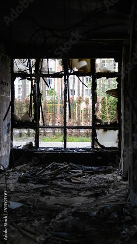 Irpin  Ukraine - May 22  2022  view from the broken window of a burned room of a house bombed by the Russian army