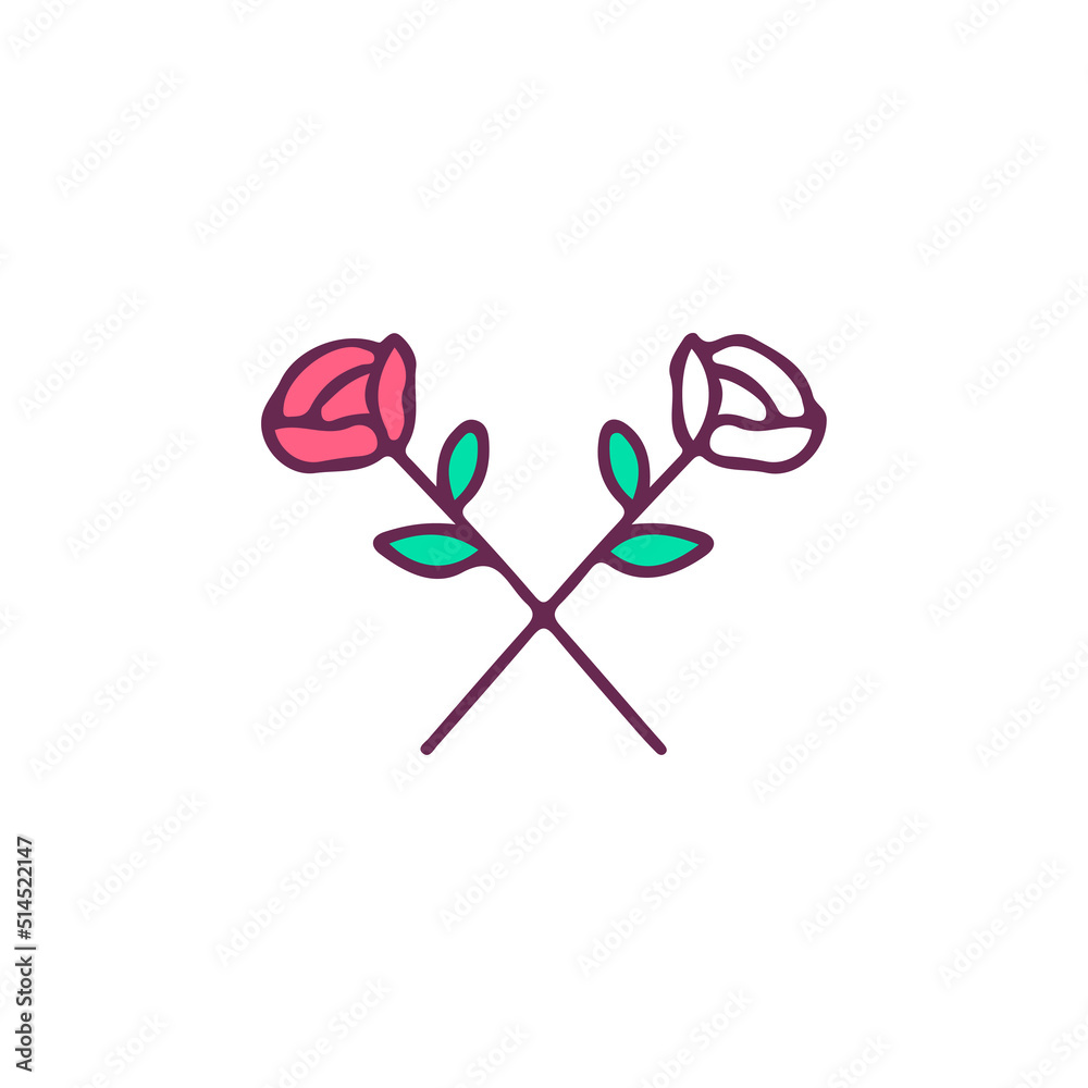 Two crossed red and white roses, illustration for t-shirt, street wear, sticker, or apparel merchandise. With doodle, retro, and cartoon style. Two crossed red and white roses, illustration for t-shirt, street wear, sticker, or apparel merchandise. With doodle, retro, and cartoon style.
