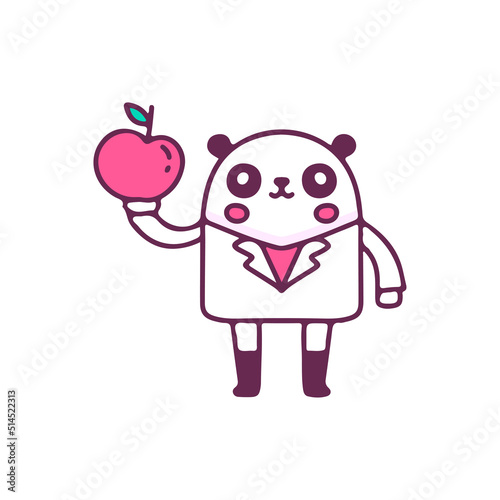 Cute doctor panda holding apple fruit, illustration for t-shirt, street wear, sticker, or apparel merchandise. With doodle, retro, and cartoon style.