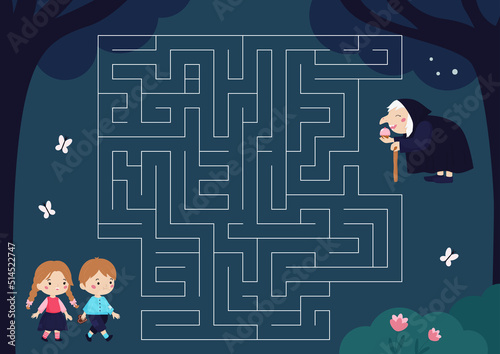 Maze game with Hansel and Gretel cartoon characters. Witch with cupcake. Puzzle for children. Printable labyrinth worksheet. Fairy tale. Vector illustration.