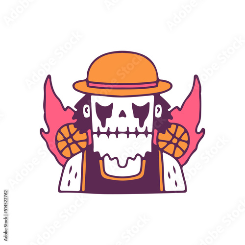 Trendy skull with fire basketball, illustration for t-shirt, sticker, or apparel merchandise. With doodle, retro, and cartoon style.